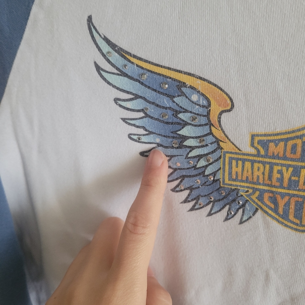 Harley-Davidson Blue Long Sleeve Rhinestone Graphic Tee - Picture 6 of 9